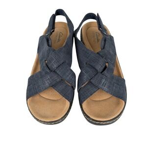 Clarks Slingback Sandals Womens 9W Navy Blue Wedge Ultimate Comfort Crisscross
